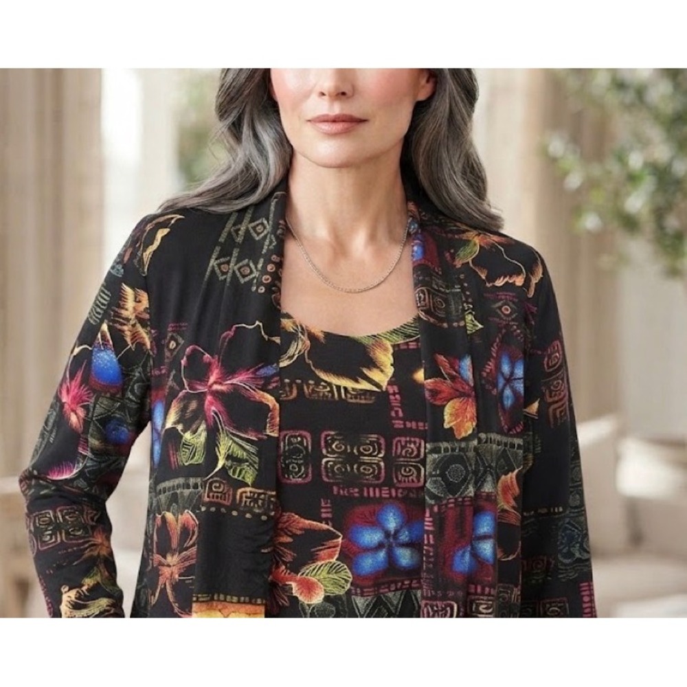 2 pc Set Chicos TravelersCardigan Tank Floral Tropical Black Size 3 XL